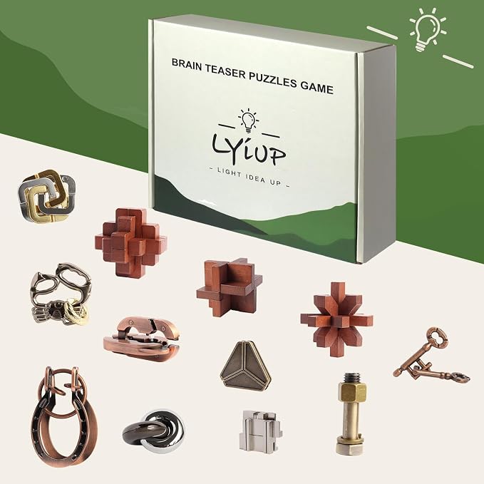 12pcs Puzzles Toys Wooden Metal Brain Teaser Puzzles Game for Adults Kids Desk Toy Lock Puzzles Gift for Teens