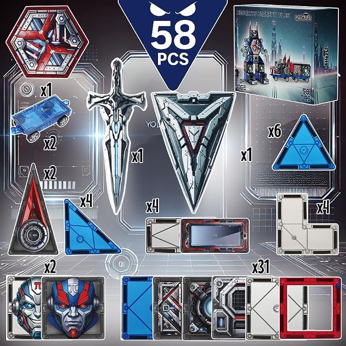 Little Pi Transformer Toys MegaBots Magnetic Tiles, Transforming Robot Toy | Durable ABS plastic, STEM engineering, sword & shield, screen-free kids gift ages 3 4 5 6, builds vehicles bases towers scene
