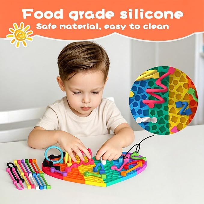 2PCS Sensory Activity Board, Silicone Fidget Toys for Calming and Stress | Autism Quiet for Adults, Toddler Sensory Toys for ADHD, Road Trip Essentials for Kids, Portable Travel Bag & 12 Strings