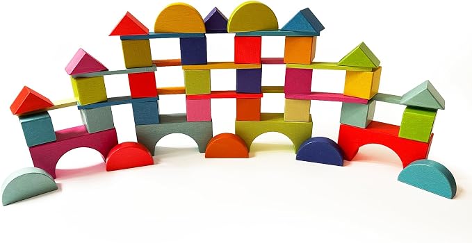 Quiggly Montessori Wooden Rainbow Building Blocks - 68 Pc STEM Toy Set | Storage box with carry handles, ages 12-48 months