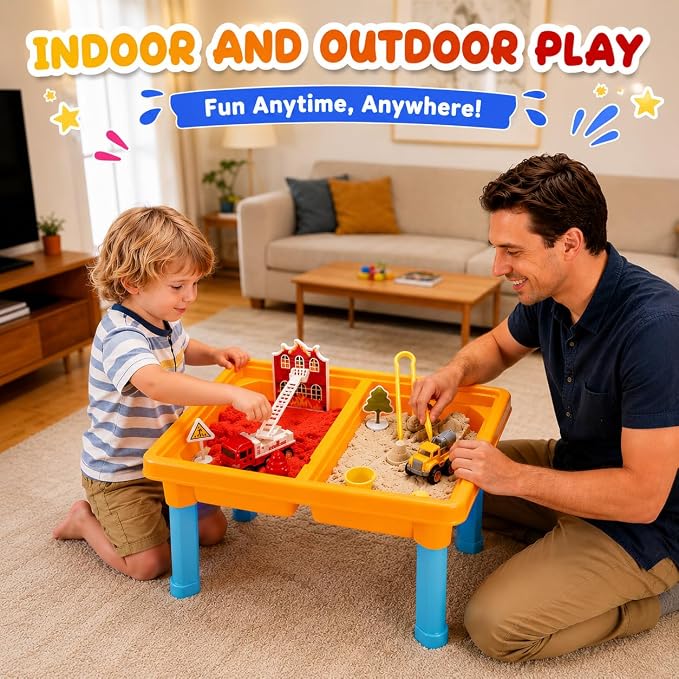 Carolart Construction Water & Sand Table, 2 in 1 Sensory Table Gift | Construction Firefighting Sensory Table with Lid, Standing Sensory Bin with Sensory Sand, Indoor Outdoor Kit for toddlers