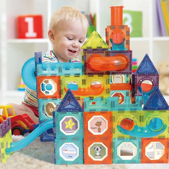Light Magnetic Tiles Building Blocks for Kids,3D Clear Educational STEM Building Toys,Magnetic Marble Run Blocks Toys for Kids Ages 3 4 5 6 7 8 10+Year Old Boys Girls Creative Gift(110 PCS)