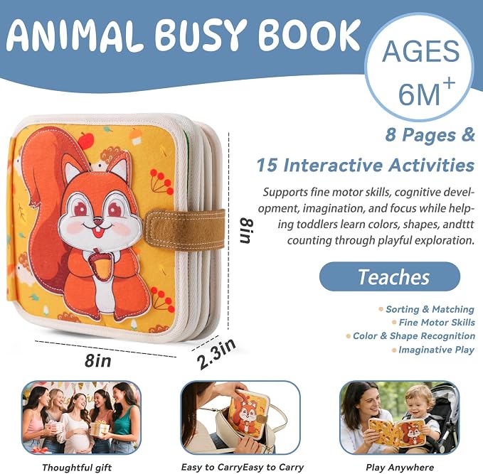 Montessori Busy Book for Toddlers 1-3 – Soft Felt Quiet Book for Sensory & Fine Motor Skills