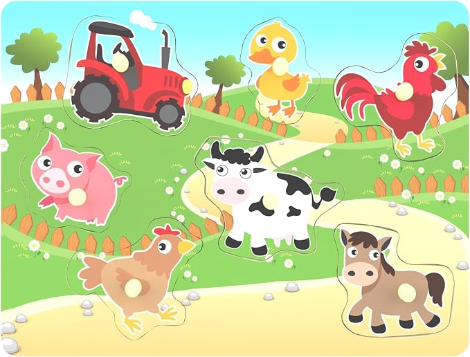 Wooden Puzzles Farm Chunky Baby Puzzles Peg Board, Full-Color Pictures for Preschool Educational Jigsaw Puzzles, 7Pieces