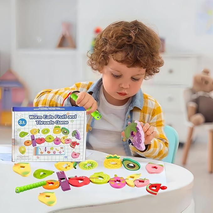 Wooden Greedy Caterpillar Lacing Toy, Montessori Threading & Stringing Toy with 20 Pattern Cards, Fine Motor Skills Educational Travel Gifts for Kids Ages 3+