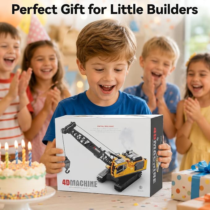 Remote Control Crane Toy for Boys, 2.4GHz RC Crawler Crane with Metal Hook & 2x1200mAh Batteries, 1:18 12-Ch RC Construction Vehicle with Lights, Sound,Spray, Birthday Gift for Kids Ages 3-12
