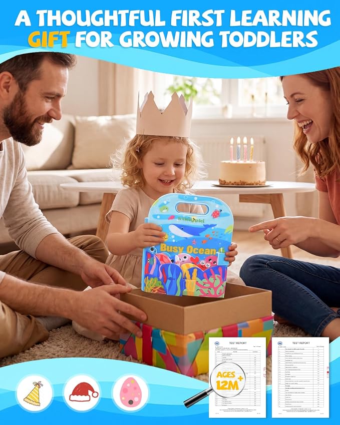 Busy Book for Toddlers 1-3, Busy Board for 1 Year Old, Quiet Books | Felt Activity Books for 1+ Year Old, Toddler Travel Toys, Boy Girl 1st Birthday Gift, Montessori Ocean Sensory Learning Board