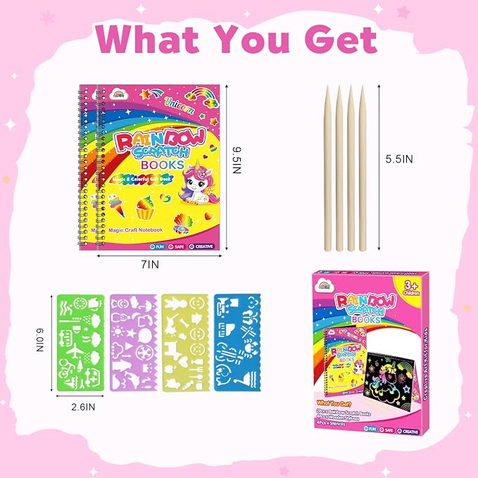 ZMLM Scratch Paper Art-Crafts Gift: 2 Pack Rainbow Notebooks Supplies Toys | Art Crafts for 3 4 5 6 7 8 9 10 11 12 Years Old Girls and Boys Kids Birthday Christmas Party Travel Games Activities Unicorns