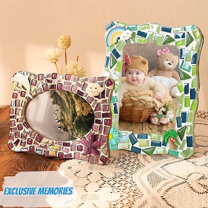 A&H Zier Mosaic Kit 3-Pack 5x7/4x6 DIY Photo Frames Craft for Kids 6+ | Mosaic kit for kids 8-12 3 wooden frames (fit 4x6/5x7) 200+ glass tiles non-toxic glue tools&instructions Fun family activity