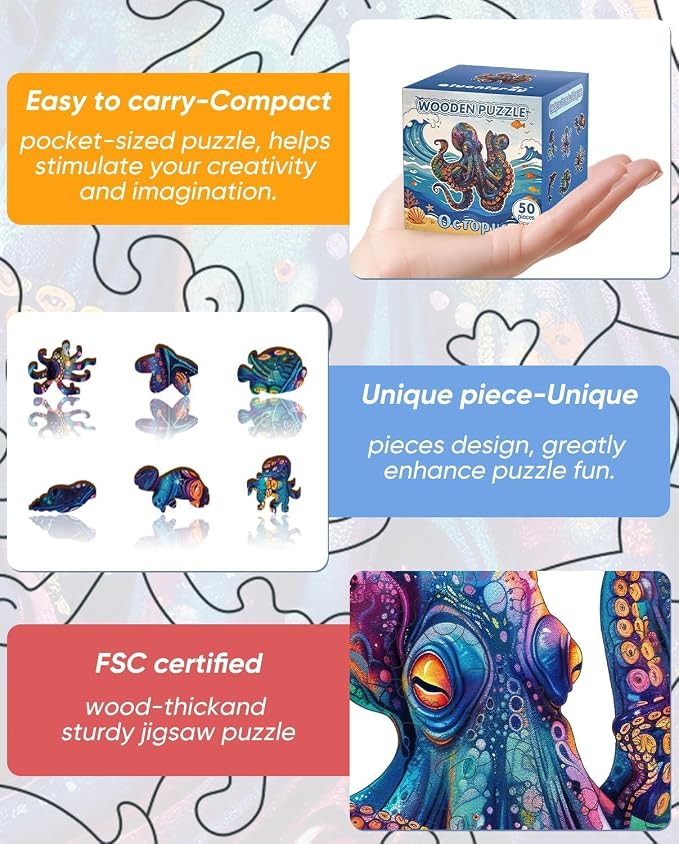 Qiuenisray Wooden Puzzle for Adult, 50 Piece Octopus Puzzle Ages 6-12 | Jigsaw Puzzles for Kid, Beautiful Wood Octopus Puzzle, Gifts for Family Game 6.5x6.5 in Children Gift for Boy Girl Ages 8-12