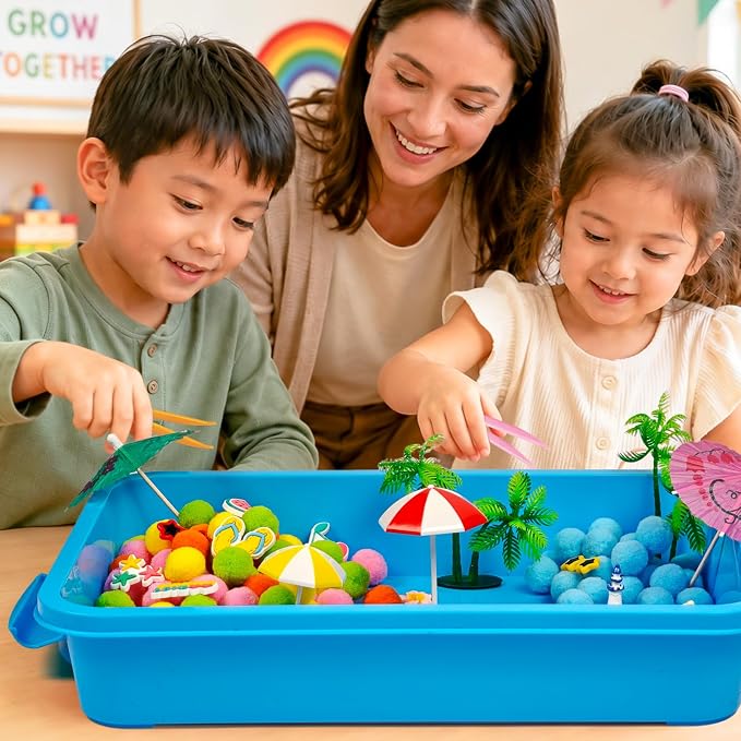 Cinrobiye 155 Pcs Beach Sensory Bin Fillers Set, Tropical Summer Sensory Bin with Palm Tree, Pineapple, Beach Accessories for Preschool Classroom Activities, Fine Motor Skills & Homeschool Learning