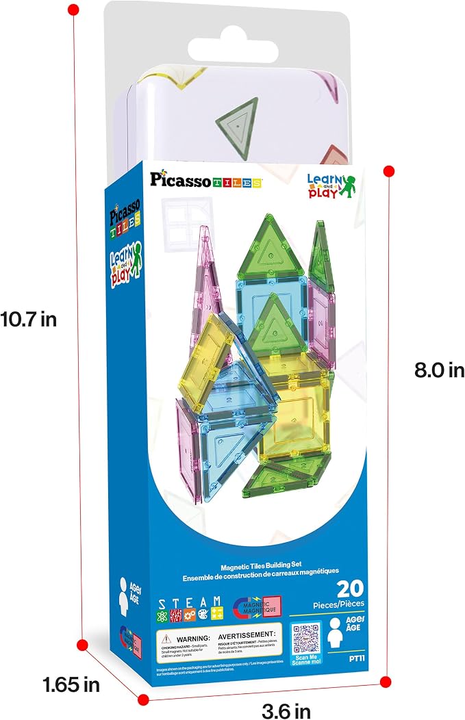 PicassoTiles Magnetic Tiles 20PC Construction Building Blocks Toy with Tin Storage Travel Case Creative Developmental Kids Learning Magnet Tile Education Cognitive Skill Toys Boys Girls Ages 3+ PT11