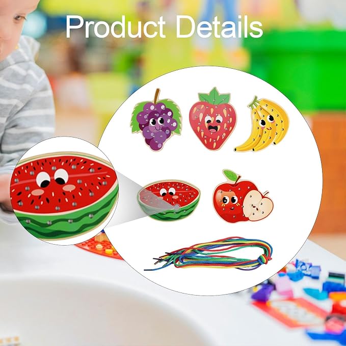 getuse Wooden Lacing Cards Sewing Threading Toys for Kids Preschoolers Fine Motor Skills Development Hand-Eye Coordination Learning Toy- Style D