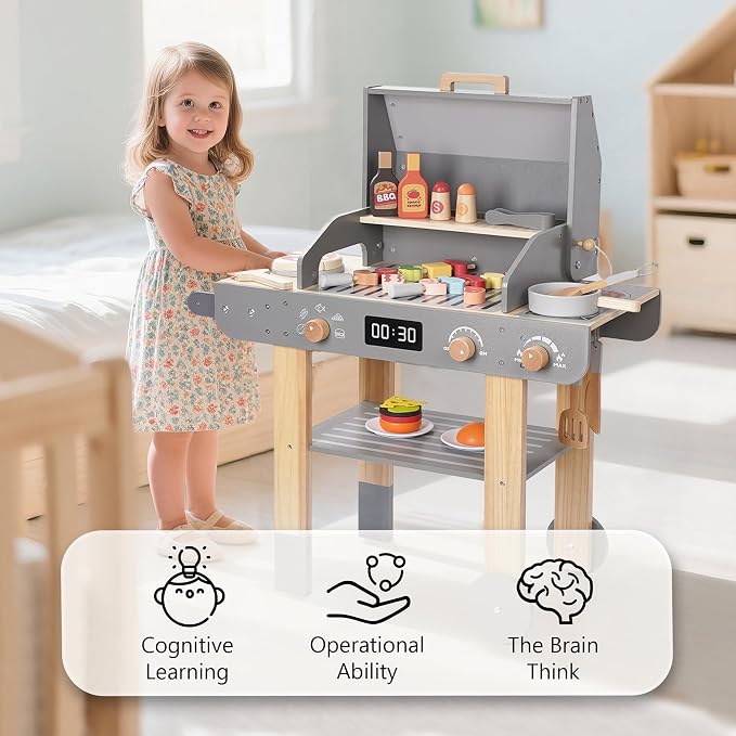 Wooden Grill Playset for Kids with Grilling Tools and Play Food | Realistic Pretend Barbecue Cooking Toy, BBQ Role-Play Set for Imaginative Play, Creative Gift for Boys and Girls Ages 3+
