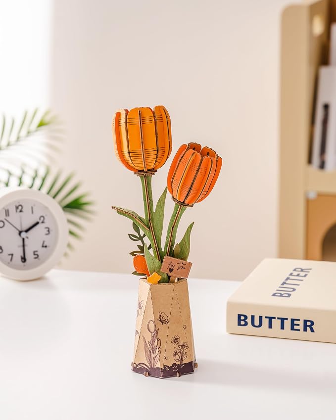 rowood Orange Tulip Wooden Flower,DIY Artifical Flower Building Set Craft Kit for Adults,Mother's Day/Valentine's Day for Mom/Women/Grandma