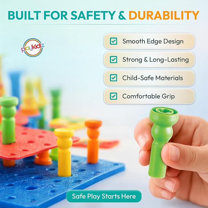 Play Build Kids Peg Board Building Set 117 Pieces - STEM Construction with Colorful Pegs & Shapes, Fine Motor Skills Learning Toy, Montessori Toddler Building Toys for Boys & Girls Age 3+