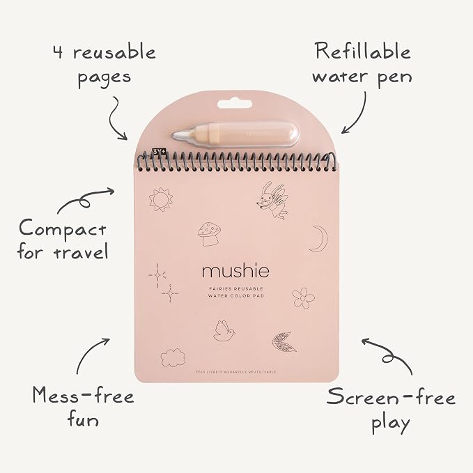 mushie Fairies Reusable Water Color Pad | Montessori Travel Activity Fairy Tale Book + Refillable Brush for Toddlers 3 Years+