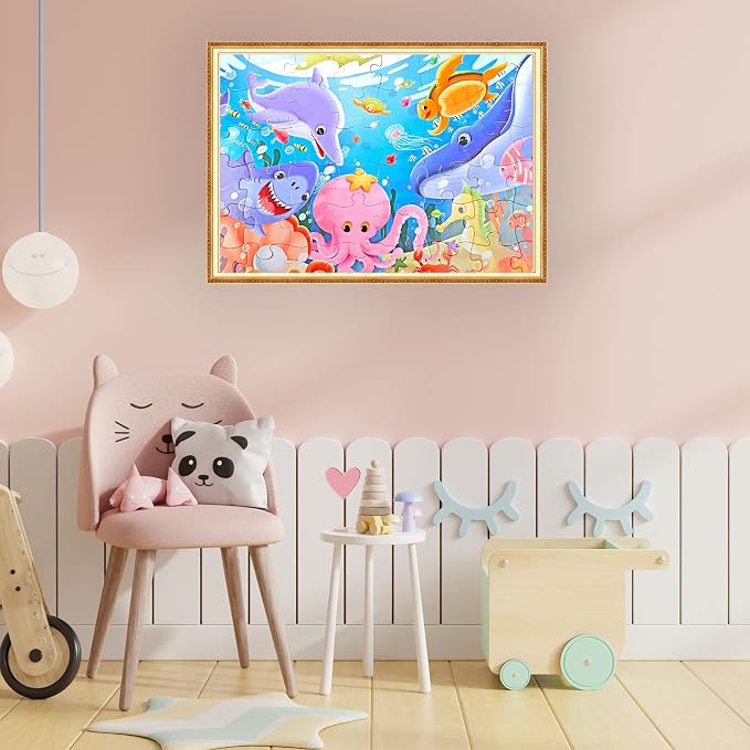 Jumbo Floor Puzzle for Kids,48 Piece Underwater Jigsaw Puzzle Ages 3-8 | Underwater Animal Puzzle,Extra-thick Cardboard,Preschool Learning Toy,35x24 in Completed,Educational Gift for Boys and Girls