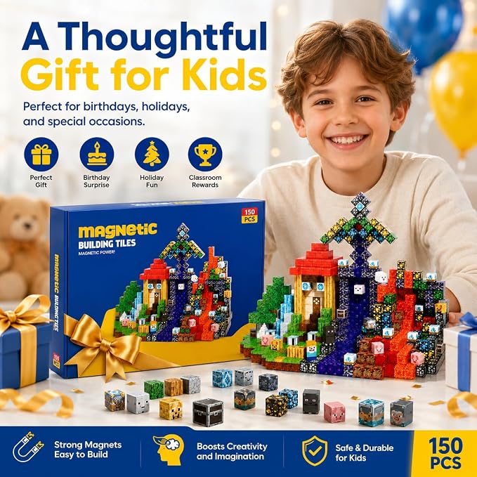 Magnetic Building Blocks 150PCS, 0.8in Stacking Cubes STEM Toy Kids Ages 3+ | Magnet Toys for Kids, Stacking Construction Magnets, School STEM Toys Birthday for Boys & Girls