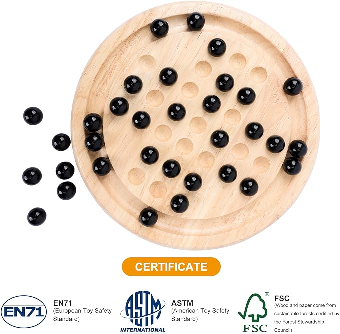 Offelec Wooden Solitaire Board Game with 33 Piece Black Glass Marbles Classic One Player Gameplay Strategy Puzzle Board Games Kids & Adults Fun Family Tabletop Toys, Birthday Gift,Table Games