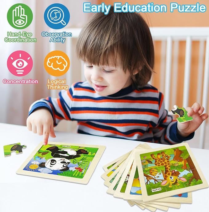 Wooden Puzzles for Toddlers 3+, 9 Pieces Animal Jigsaw Puzzles for Kids Ages 3-5, Preschool Learning Activities, Learning & Educational Toys, Gifts for Boys, Girls