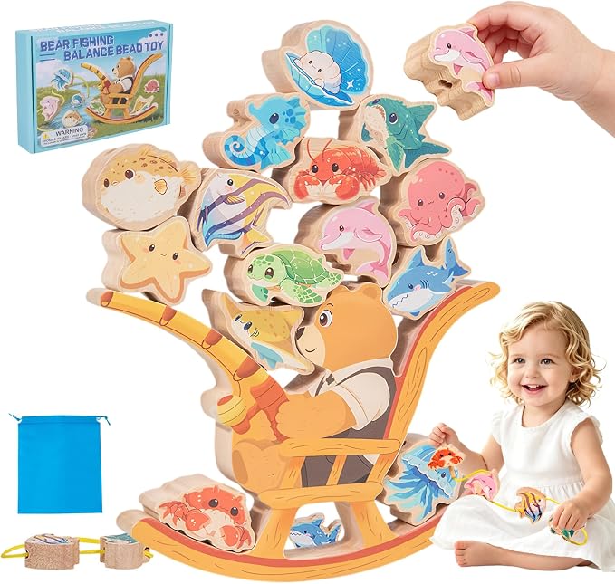 Wooden bear fishing Toy,Balance Stacking for Toddlers1-3&Kids 4-5-6 | 15pcs Blocks,Lacing Beads,Fine Motor Skills,Montessori STEM Education Learning Toy,Craft Gift for Boys&Girls