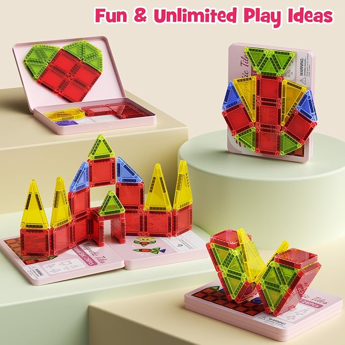 Mini Magnetic Tiles Travel Set Iron Box Storage Baseplate | Portable Magnetic Building Blocks STEM Toy for Kids 3+