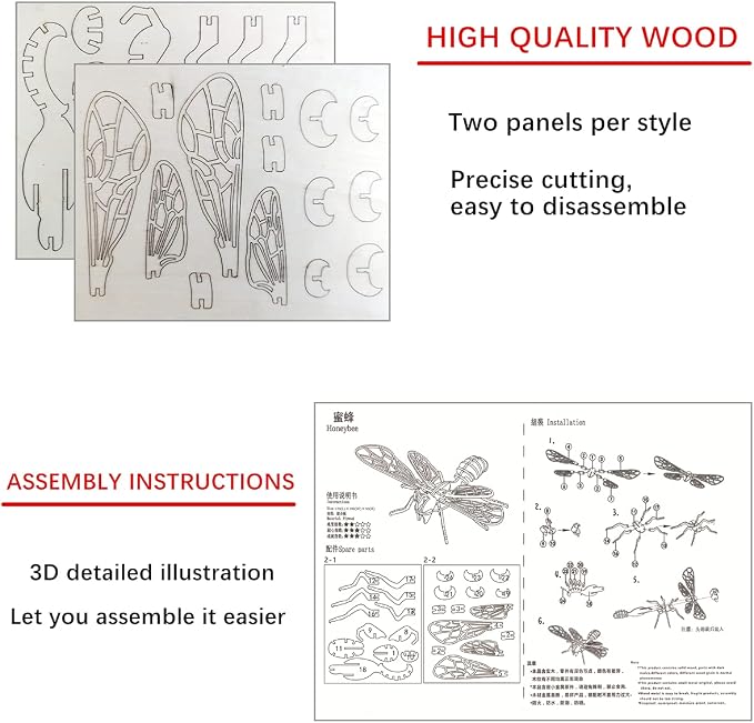 3D Wooden Insect Puzzle - 6 Piece Set Insect Animal Skeleton Assembly Model Puzzle - DIY Wooden Crafts 3D Puzzle - Wood STEM Gifts for Adults & Teens Birthday Gifts Christmas