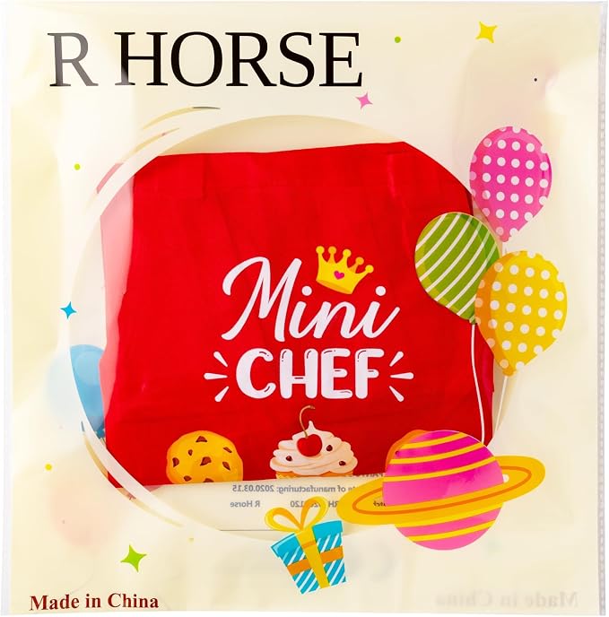 R HORSE 2 Pieces Kid Apron and Chef Hat Set, Dress up Pretend Play Toy | Red Mini Chef Adjustable Children Kitchen Apron with Pockets, Ideal for Cooking, Baking, Painting, Cooking Birthday Gift