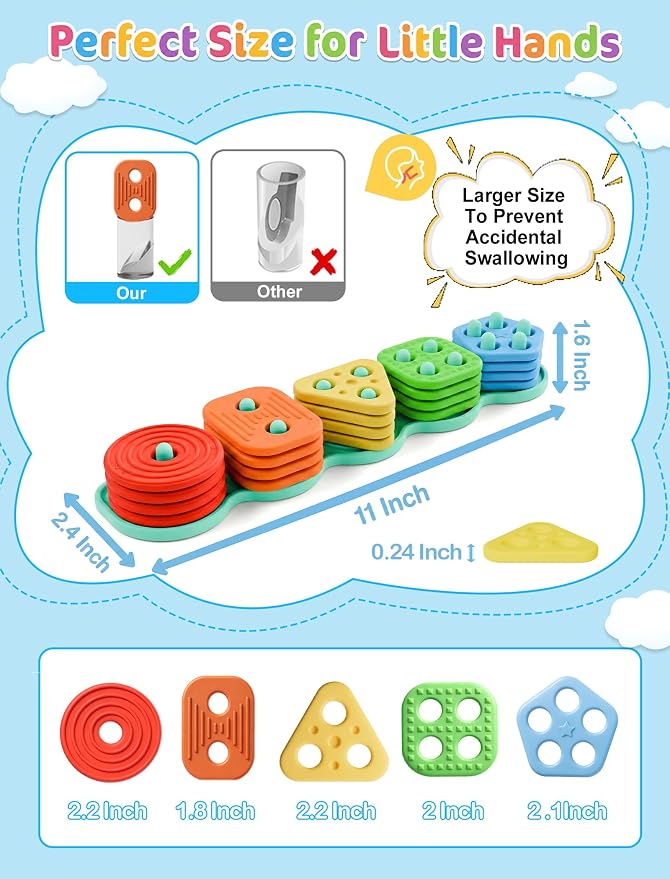 Silicone Shape Sorting & Stacking Toys - Montessori Toys for Toddlers 1-3 | Soft Safe Food Grade Silicone | 20pcs Textured Color Blocks | Learning Sensory Toy | 1 2 3 4 Year Old Boy Girl Birthday Gifts