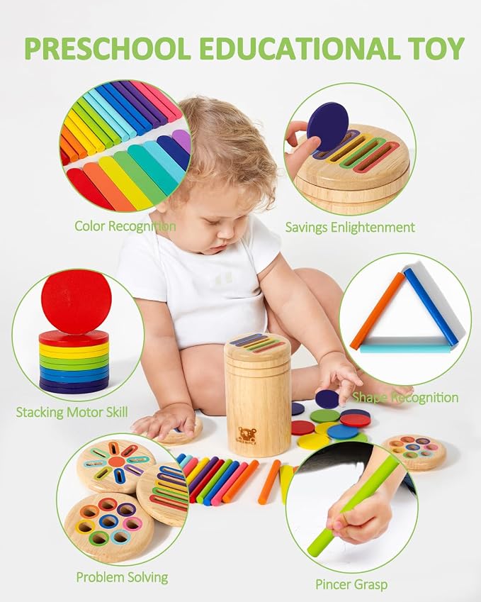 Wooden Sorting Toy for Toddlers 1-3 - Fine Motor Skills Toys,3 in 1Baby Coin Bank & Color Matching Game - Sensory Educational Toy for Boys Girls Travel Activities