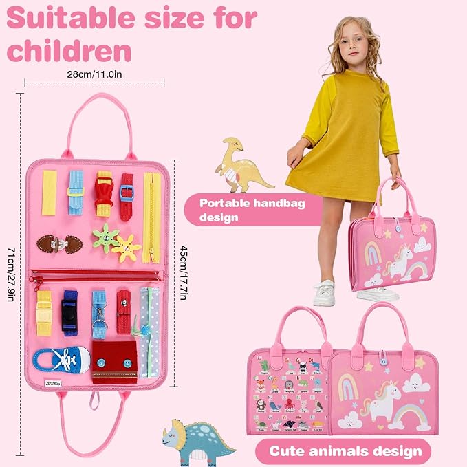 Busy Board, Sensory Board Travel Toys Gifts for Girls Boys, Montessori Toys to Learn Fine Motor Skills, Educational Activities Busy Book for Airplane Car (Pink)