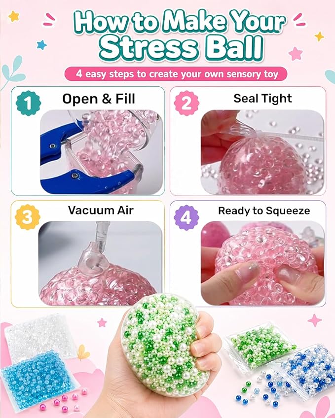 DIY Stress Ball Making Kit, Squishy Maker Kit with 15 TPR Ball Skins, 8 Types of Fillers, Air Pump Vacuum Tool & 20 Cable Ties, Make Your Own Squishies for ASMR Anxiety Relief Sensory Fidget Toys