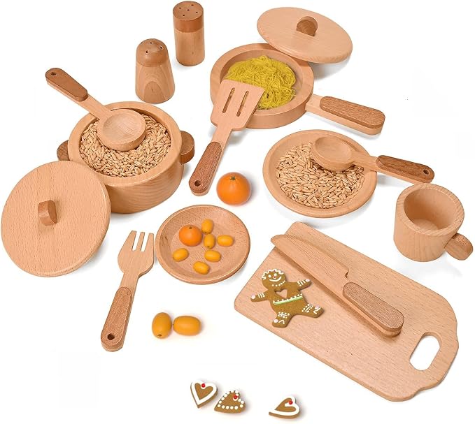 Play Kitchen Accessories Montessori Wooden Toys | Kids Kitchen Set Cookware Plates Dishes Pots Pans Cooking Playset 15pcs Sensory Toys for Toddlers Girls Boys With Storage Bag