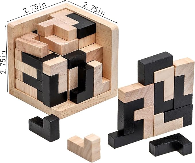 Wooden Brain Teaser Puzzle Skills Builder Shape Pieces Educational Toy for Kids and Adults (Black and Natural L Shape)
