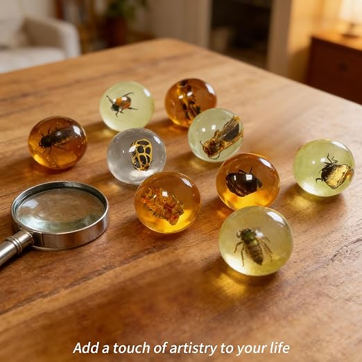 9 pcs Insect Amber Fossils, BOSOIRSOU Fossil Pendants, Different Insect Specimen, Bug Preserved in Resin, Educational and Scientific Amber Collections - Random Patterns
