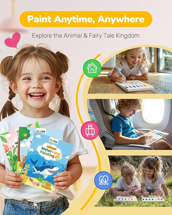 TECJOE 3 Pack Paint with Water Coloring Books for Toddlers, Mess Free Watercolor Painting Set with 6 Brushes, Travel Art Craft Toys Birthday Gifts for Kids Ages 3-8, Traffic, Forest & Dinosaur | Thick Watercolor Paper With 6 Brushes, Mess Free Travel A...