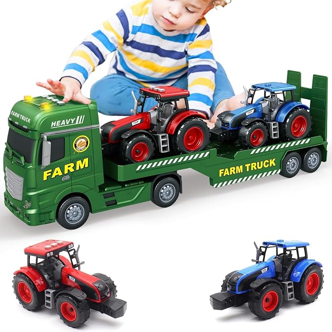 Toddler Boy Toys, Extra Large Farm Truck with Tractors, 3 in 1 Vehicle Car Truck Toys with Lights Sounds