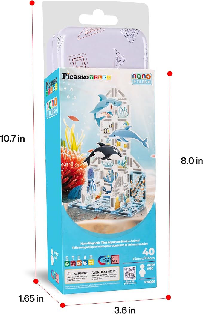 PicassoTiles Magnetic Tiles Aquarium Marine Animal Nano Construction Travel Set with Tin Storage Case Montessori Mini Magnet Tile Traveling STEM Activity Kit Early Learning Boys Girls Ages 3+ PNQ01