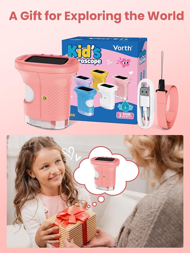 Microscope for Kids, 2.4 Inch Digital Microscope with 1000X Magnification, Handheld Camera Mini Pocket Magnifying Glass, Educational Birthday Gifts Toys for Ages 3+, Pink