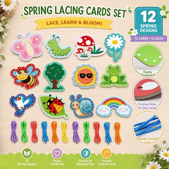 Lacing Cards for Toddlers Fine Motor Skills Montessori Travel Activities | Summer Theme Double-Sided Sewing Cards with Colorful Laces Classroom Supplies Quiet Time Educational Games for Kids 