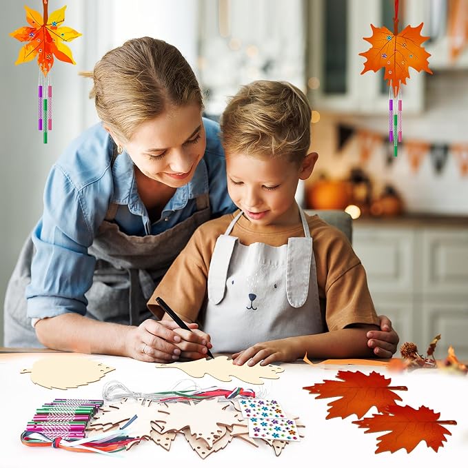 Sealmic Wooden Fall Wind Chime Kit Make Your Own Maple Leaf DIY Wind Chime Kit Coloring Fall Craft for Hanging Ornaments Thanksgiving Autumn Halloween Party Craft 9 Pack