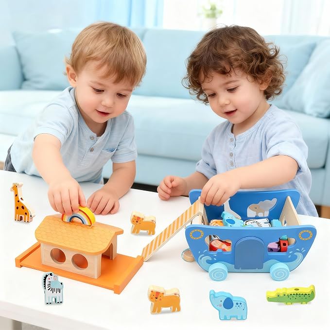 Wooden Noahs Ark Toy with Animal|Baby Baptism Gifts for Boys and Girl | Montessori Toys for 1+ Years Old|Eductional Shape Sorting Noah's Ark Toys for Toddlers 1-3|Learning Christening Birthday Gift