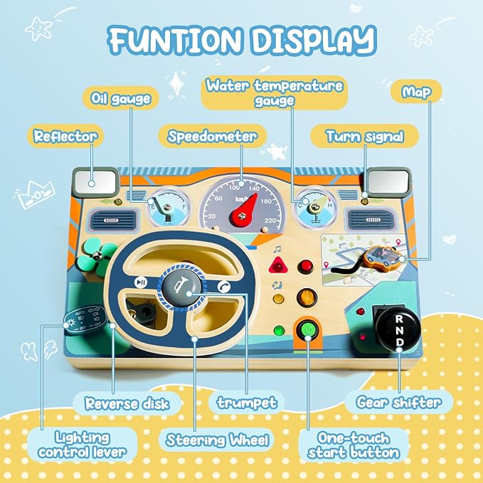 Busy Board for 1 2 3 Year Old, Montessori Toys Wooden Toddler Sensory Toy | Busy Board with LED Lights Sound Switch, Activity Travel Toy, Steering Wheel,Toddler Toy Christmas Birthday Gift for Boy Girl