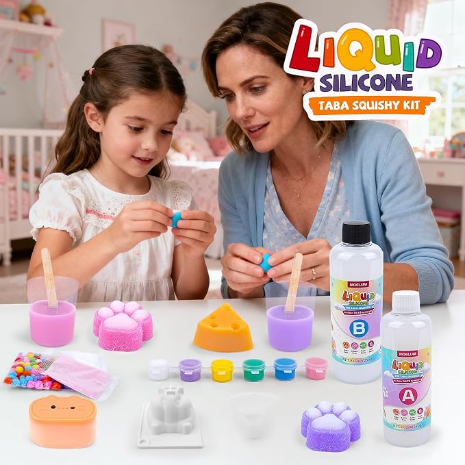 Taba Squishy Making Kit, DIY Taba Squishy Kit, 18oz Liquid Silicone | with 6 Silicone Molds, Bubble-Free Liquid Silicone, Fast 2-3H Cure with Easy Guide, Ultimate Craft Gift for Beginners