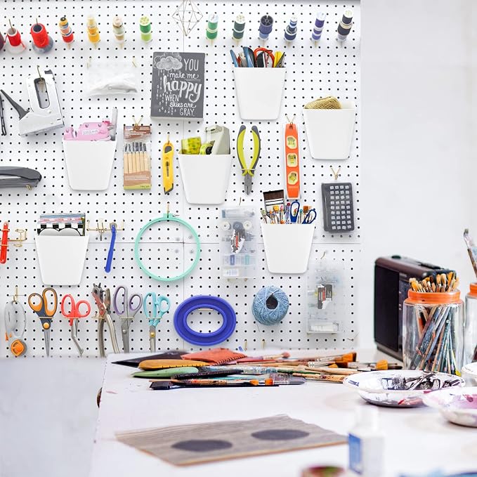 G.CORE Large Pegboard Cups Peg Board Storage Bin 6 Pack with Hooks, Square Box Shape Pegboard Cup Holder Accessories for Garage Workbench/Craft Room/Office/Playroom/Home Kitchen Organization (White) | Big Open-Mouth Cups, 1/8" 1/4" Pegboard Organizer A...