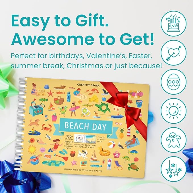 Cupkin Beach Day Coloring & Sticker Activity Book | 500+ Stickers | Spiral-bound kids craft format with 12 scenes, 12 art pages, side-by-side viewing, and an easy-peel design for ages 2–8