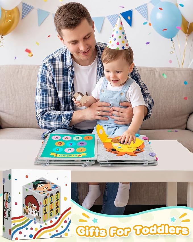Toddler Busy Book, Montessori Toys Busy Board for Toddlers Birthday Gifts | Felt Book & Cube Sensory Travel Toy, Toddlers Preschool Educational Learning Toys, Quiet Activity Books for Airplane Car,Grey