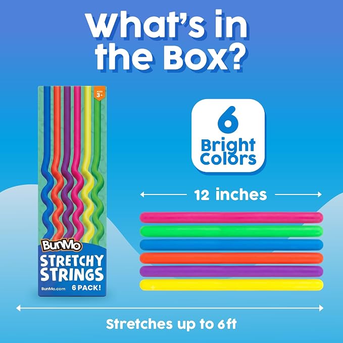 BUNMO Sensory Toys - Stretchy Noodle Strings - Stimulating & Addictive Fidget Toys for Kids - Hours of Fun for Kids - Worry Noodles - Smooth 6 Pack