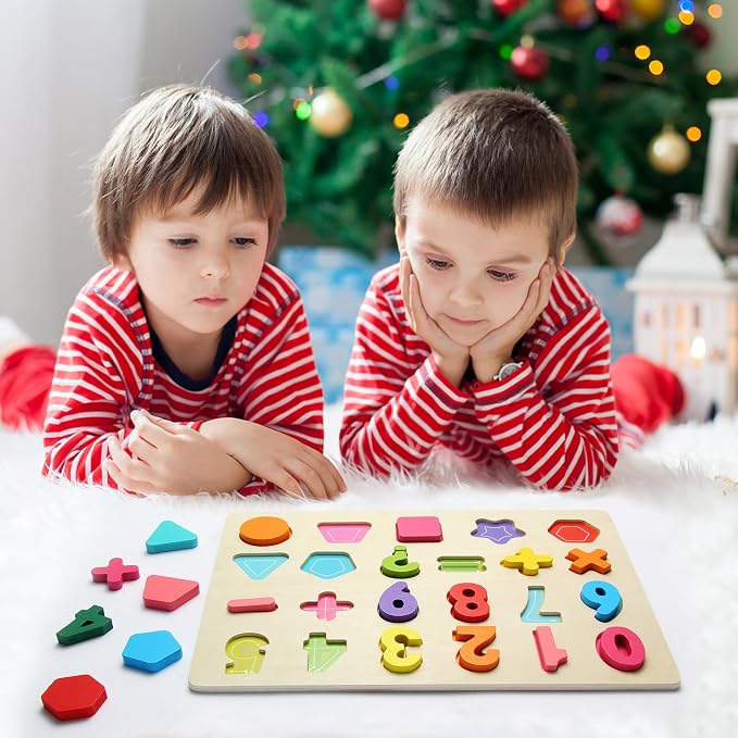 Wooden Number Shape Puzzles, Math Learning Toys for Toddlers | Thick Easy-Grip Solid Wood Letters, Preschool Early Learning Activities, Montessori Birthday Gift for Girls & Boys